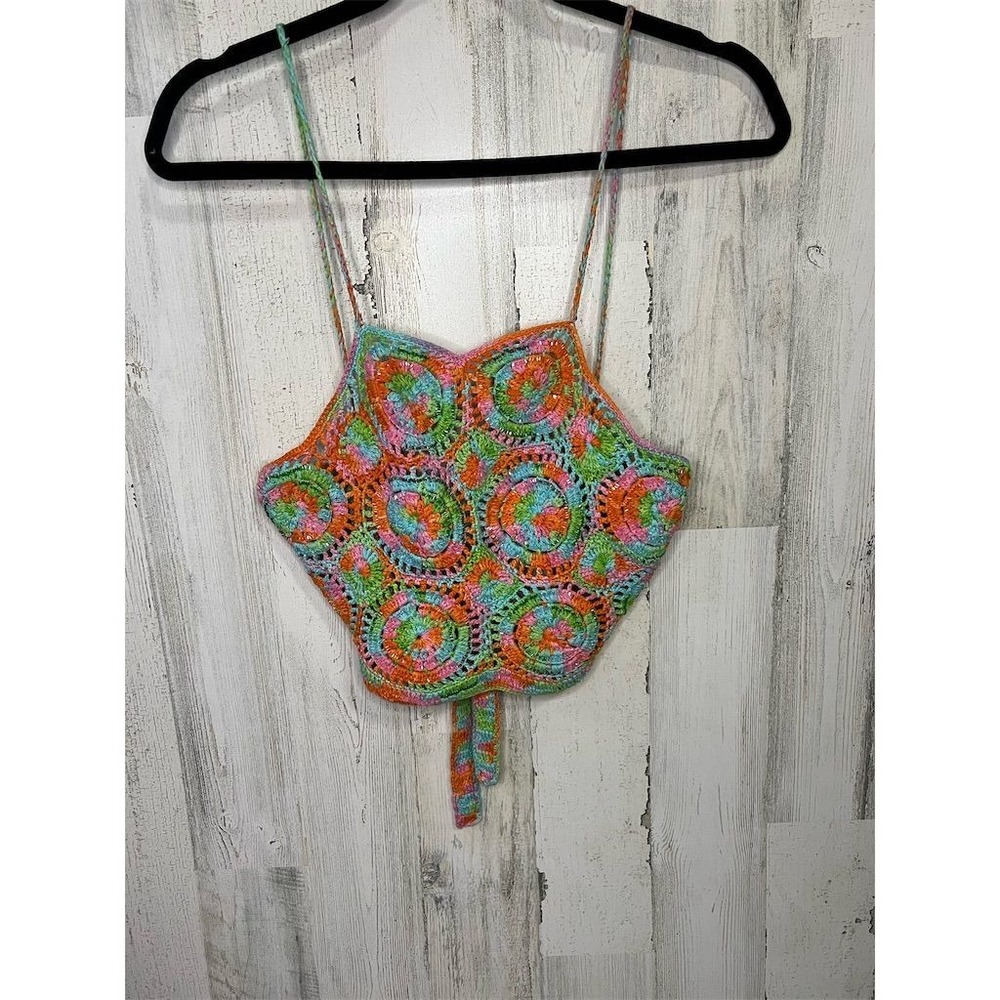 Brenda Thomson Crochet Halter Crop Top Multi Color Beaded Boho Festival Womens - Picture 3 of 8